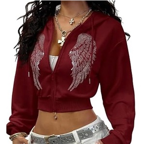 Haut court à capuche zippé pour femme, rouge bordeaux, imprimé ailes d'ange sur le devant, strass, style Y2K, streetwear, respirant - Product Image 1