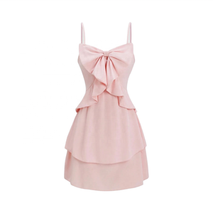 Vestido informal de tres capas con borde de volantes y lazo de moda para mujer con silueta ceñida a la cintura - Product Image 3