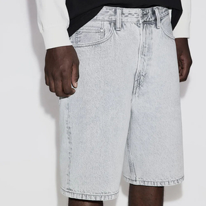 Men's Light Grey Denim Shorts Mid Waist <b>Elastic</b> Closure Casual Style With Pockets Breathable Cotton Fabric - Product Image 4