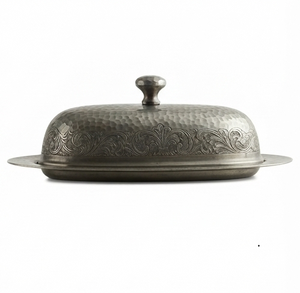 Beurrier ovale en argent avec couvercle, fait main, motif végétal gravé, vintage, en métal, pour cuisine, vaisselle de fête - Product Image 3