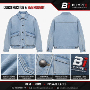 OEM Custom Unisex Light Wash Oversized <b>Denim</b> Chore <b>Jacket</b> Windproof Cotton Lining 3D Embroidered Logo Large Flap Pockets Private - Product Image 5
