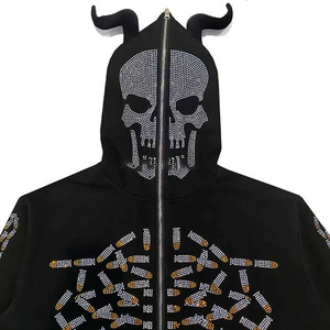Custom Men Full Zip Up Rhinestone <b>Skeleton</b> <b>Hoodie</b> Streetwear Sweatshirt Wholesale - Product Image 5