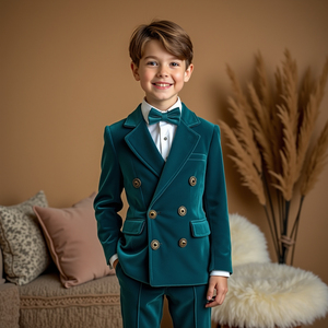 Boys Teal Blue Double Breasted 2 Piece Suit | <b>Kids</b> Wedding Suit | <b>Ring</b> Bearer Formal Blazer Set | Custom Made - Product Image 1