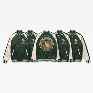 Custom B2B Supplier Black Gold Satin Varsity Jacket Zip Up Custom Embroidered Baltic Amber Collective Baseball <b>Coat</b> - Product Image 4