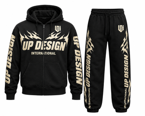 Ensemble de survêtement personnalisé noir pour homme avec impression en relief, sweat à capuche zippé et pantalon de jogging, style streetwear et sportswear épais - Product Image 2