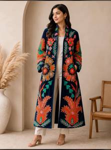 <b>Women</b> Hand Embroidered Suzani <b>Velvet</b> Coat Royal Blue Floral Paisley Motif Long Duster <b>Jacket</b> Open Front Kimono Robe Boho Winter - Product Image 4