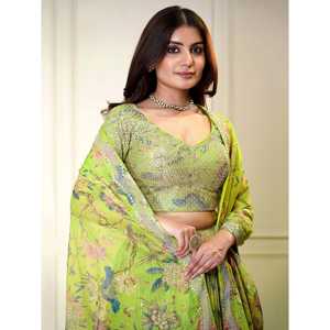 Adorable <b>Neon</b> Green Printed Organza <b>Dresses</b> Lehenga Choli for Event Wear - Product Image 3