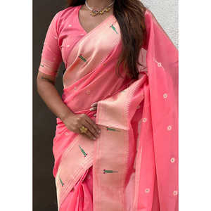 ผ้าซารีออร์แกนซ่าสีชมพูเข้ม ยี่ห้อ Elite Weaves พร้อมงานปักดิ้น Paithani Zari เสื้อผ้าอินเดีย/ปากีสถาน - Product Image 4