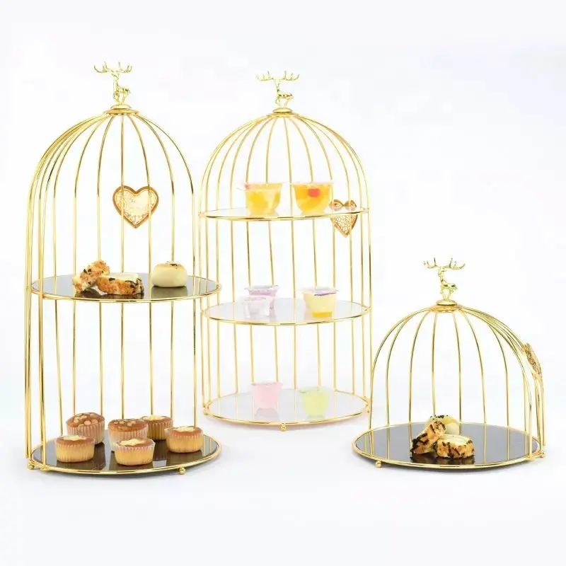 Metallic Bird Cage Dreistufiger Kuchenst änder Glänzender Kuchen Cupcake Anzeige halter mit Glass chale Kunden spezifischer Kuchenst änder