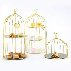 Metallic Bird Cage Three Tier Cake Stand Gleaming Cake Cupcake Displaying Holder With Glass Tray Customized Cake Stand