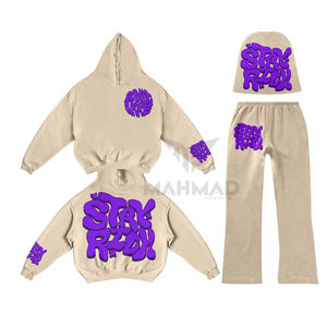 Ensemble de survêtement personnalisé par le fabricant, impression unie en relief, en molleton technique de coton, 2 pièces : sweat à capuche et pantalon de survêtement - Product Image 3