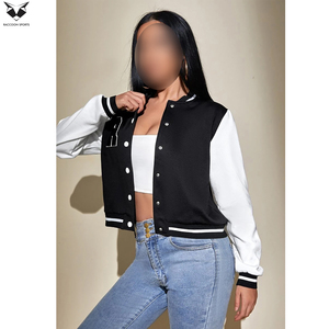 2026 Newest Women Varsity <b>Jacket</b> Black White Full Sleeve Turn Down Collar Button Closure Autumn <b>Short</b> Length Letter R Design - Product Image 3