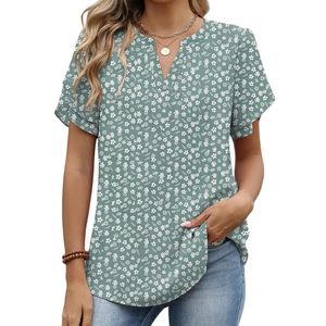 Chemisiers tendance vert sauge à imprimé floral, fluides, à manches courtes, doux, respirants, style bohème, hauts pour femmes, chemisiers en mousseline de soie pour femmes - Product Image 1