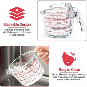 Juego de 6 Tazas Medidoras de Vidrio con Tapas, Jarras de 1, 2 y 4 Tazas con Asas, Kit de Herramientas de Medición de Líquidos Apilables - Product Image 2