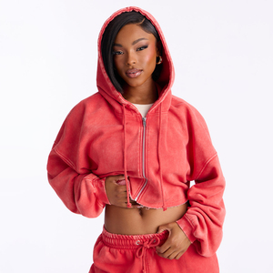 Wholesale Casual Solid Zipper <b>Red</b> Vintage Sports Wear T-shirt Short Set for Women Acid Washed Long Sleeve Top and Sweatpants Set - Product Image 4