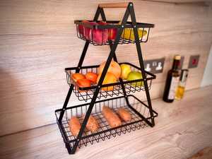 Panier de rangement contemporain à 3 niveaux en métal noir pour fruits et légumes, élégant organisateur de cuisine, support pour bols - Product Image 1