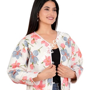 Chaqueta acolchada de lana de algodón Reversible para mujer, estampado de bloque de mano Floral, bolsillos con botones, abrigo de otoño e invierno, acabado transpirable - Product Image 1
