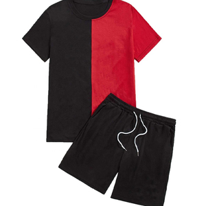 Men's Summer Casual 2-Piece <b>Set</b> Color Blocking T-Shirt Black Red Shorts Breathable <b>Knitted</b> Cotton Crew Neck Sport Wear - Product Image 1