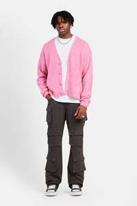 Men's Pink Acrylic <b>Cardigan</b> V-Neck <b>Button</b> Front Regular Sleeve Solid Color Autumn Wear Anti-Pilling - Product Image 1