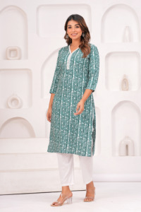 Women's Green Geometric Print V-Neck Kurta With White <b>Pants</b> Casual Spring Summer Cotton Set Knee Length <b>Three</b> <b>Quarter</b> Sleeve - Product Image 2