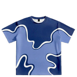 Custom Polyester/Cotton Knitted Heavyweight Blue Wave <b>Patchwork</b> Streetwear T <b>Shirts</b> Men Regular Fit Drop Shoulder Graphic - Product Image 1