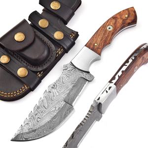 Cuchillo de caza y bushcraft personalizado OEM DIY de acero de Damasco forjado a mano con espiga completa, funda y mango de palisandro - Product Image 1