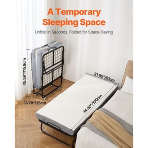 Cama Plegable de 31 x 75 Pulgadas con Colchón de 4 Pulgadas, Cama Plegable Doble con Estructura Metálica Resistente y Espuma Viscoelástica para Hoteles - Product Image 2