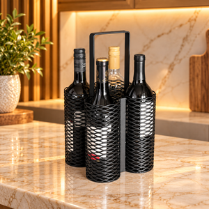 Elegante Botellero Metálico para Cuatro Botellas con Soportes de Alambre Tejido y Asa de Transporte para Almacenamiento en Barra o Encimera - Product Image 1