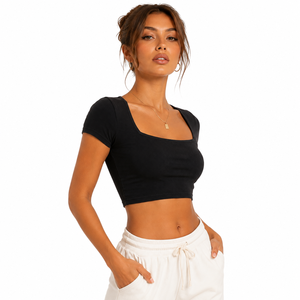 Custom Women's Breathable Crop <b>Top</b> Ribbed Square Neck Short Sleeve Slim Fit Activewear Gym Training Wear Embroidery Bulk - Product Image 2