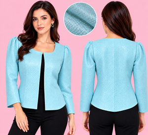 Chaqueta Elástica para Mujer |   Blazer de punto ajustado |   Chaqueta elástica con cuello cuadrado y mangas abullonadas |   Fabricante OEM ODM Personalizado - Product Image 3