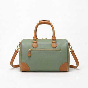 Women's Sage Green Mini Speedy Duffel <b>Bag</b> Leather Boston Handbag With <b>Tan</b> Brown Trim Top Handles Adjustable Shoulder Strap - Product Image 3