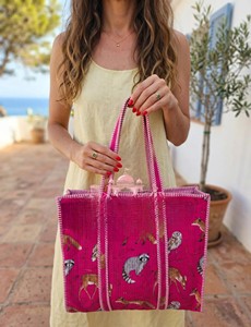 Handcrafted Quilted Cotton Bohemian Tote Bag Zipper Woodland Animal Motifs Striped <b>Straps</b>-Eco-Friendly Shopping Utility Bag - Product Image 6
