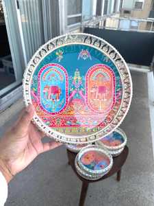 Handcrafted <b>Elephant</b> Palace German Silver <b>Decorative</b> Tray Handmade Iron Round Serving Tray Luxury Rajasthani Art Display Platter - Product Image 3