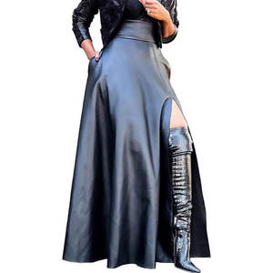 Jupe longue évasée vintage en similicuir PU sexy taille haute pour femme avec fentes et poches - Product Image 2