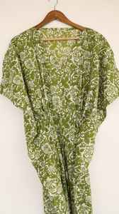 Robe kaftan en coton vert olive imprimée à la main avec cordon de serrage à la taille, idéale pour l'été - Product Image 4
