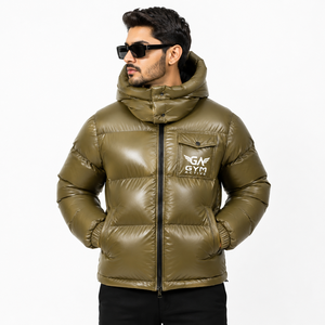 Gym Active Unisex Hooded Puffer <b>Jacket</b> Olive <b>Green</b> PU <b>Waterproof</b> Windproof Winter Casual Quilted Cotton Filled Zipper Front Logo - Product Image 5