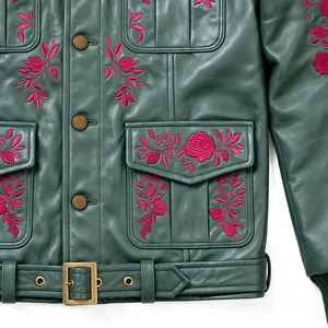 Veste unisexe en similicuir vert avec broderie florale rose, style trucker, 4 poches, ceinturée, mode western vintage - Product Image 4