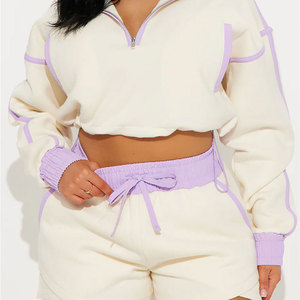 Ensemble sportif 2 pièces pour femmes, haut court avec fermeture éclair, manches longues, couleur unie, tricoté en spandex et nylon, décontracté, printemps-été - Product Image 2