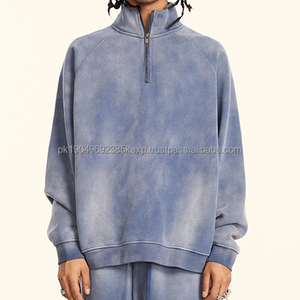 Ensemble de détente streetwear moderne pour homme, en molleton uni doublé polaire, avec sweat à col montant demi-zippé et coupe décontractée à épaules tombantes, ODM - Product Image 1