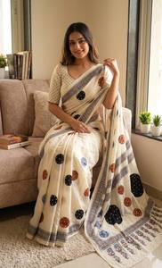 Sari en coton imprimé à la main, longueur ras du sol, séchage rapide, bordure florale, élégant, tenue indienne, robe portefeuille pour femme, mariage, Diwali, fête - Product Image 4