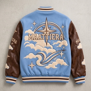 Blouson Bomber Homme Hiver Bleu Ciel Marron à Manches Longues, Broderie Personnalisée Nuage et Étoile, Streetwear, Boutons Cachés, Col Montant, Logo Frontal - Product Image 5