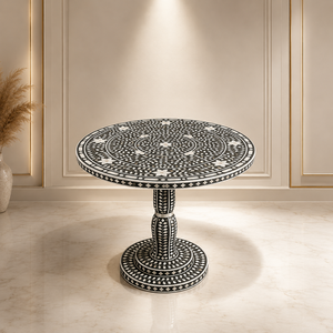 Table à manger ronde en bois avec incrustations en os, design moderne et motif noir et blanc pour cuisine ou salon - Product Image 2