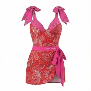 NORTH APPROACH Women's <b>Red</b> Paisley Print Swimdress With Pink Halter Straps And <b>Belted</b> Waist - Product Image 1