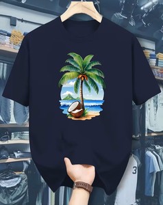 Men's Black T-Shirt With Palm Tree And Coconut Beach Print Short Sleeve O-Neck Casual Style Regular Fit Digital Printed Jersey - Product Image 1