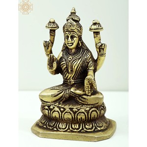 Escultura hecha a mano de latón de 5 pulgadas de la diosa Lakshmi sentada en pedestal Artículo pequeño Hecho en India - Product Image 3