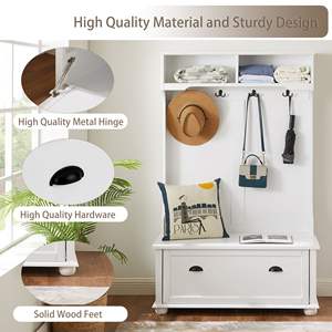 Banco de entrada de árbol de salón de madera maciza de estilo cosatal clásico con Estantes abiertos y gabinetes de Zapatos blanco 40,16 "W * 18,58" D * 64,17 "H" - Product Image 5