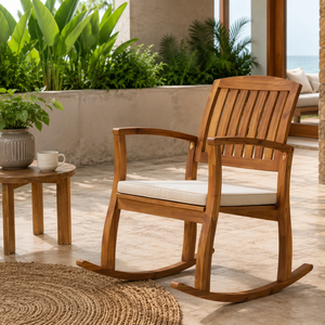 Fauteuil à bascule d'extérieur moderne en teck massif avec coussin, chaise à bascule en bois de luxe pour jardin, patio, hôtel, villa - Product Image 6