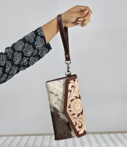 Handmade Genuine Leather <b>Wristlet</b> Clutch Wallet With Embossed Floral Designer Cowhide Pattern Bohemian Style Women's Long Wallet - Product Image 2