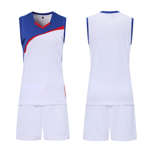 Ensemble de maillots de volley-ball unisexe blanc bleu rouge, col en V, à capuche, sans manches, anti-transpiration, impression par sublimation - Product Image 1