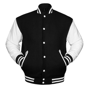 Veste universitaire hybride classique noire et blanche personnalisée avec manches en cuir blanc, fermeture à boutons-pression, col, poignets et ourlet à rayures côtelées - Product Image 4